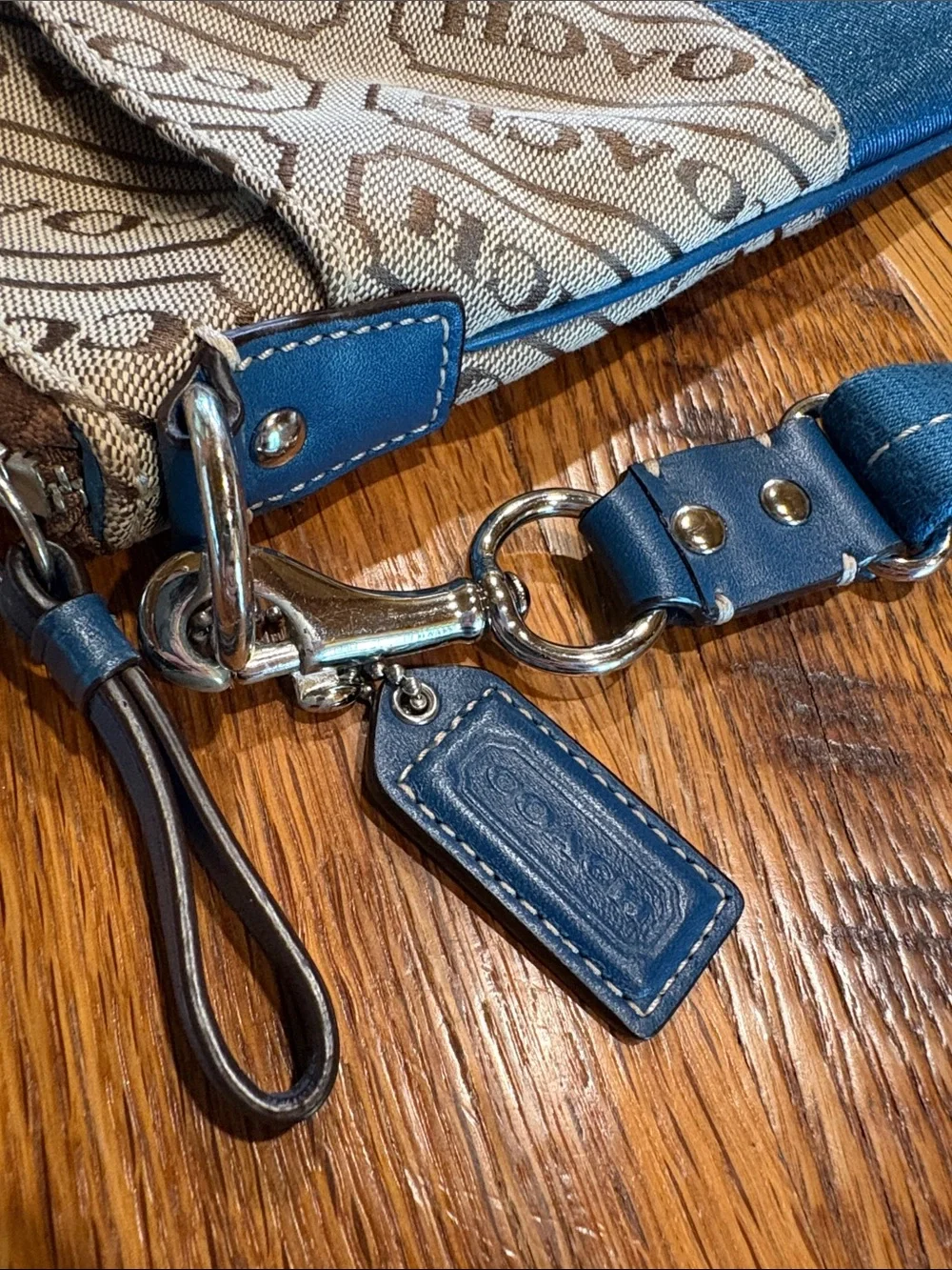 COACH Brown Monogram Crossbody with Blue Trim and Strap